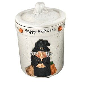 Halloween Witch Ceramic Lidded Jar Candy Trinket Dish 3D Pumpkins Pottery